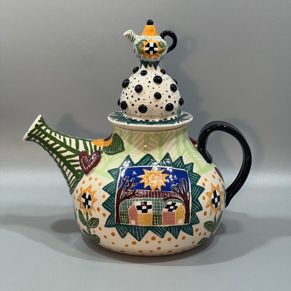 VTG Meg Johnson Whimsical Teapot Hand-painted Floral Handmade Ceramic Pottery